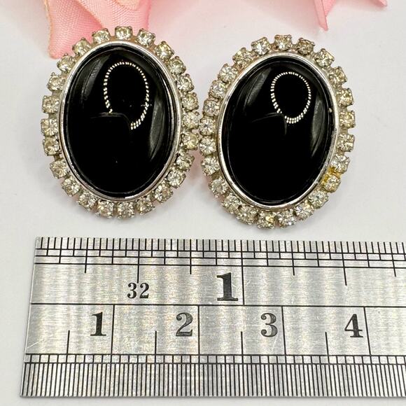 Vintage Oval Black Rhinestone Bezel Old Hollywood Special Occasion Chic Earrings - Picture 7 of 9
